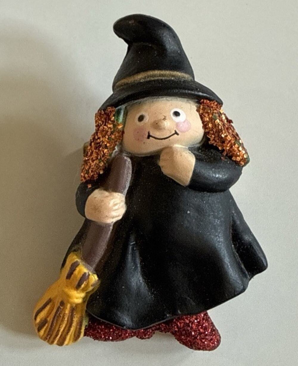 Vintage Fun World Halloween Witch Brooch Pin S Leiman Glitter Broom 2.25”
